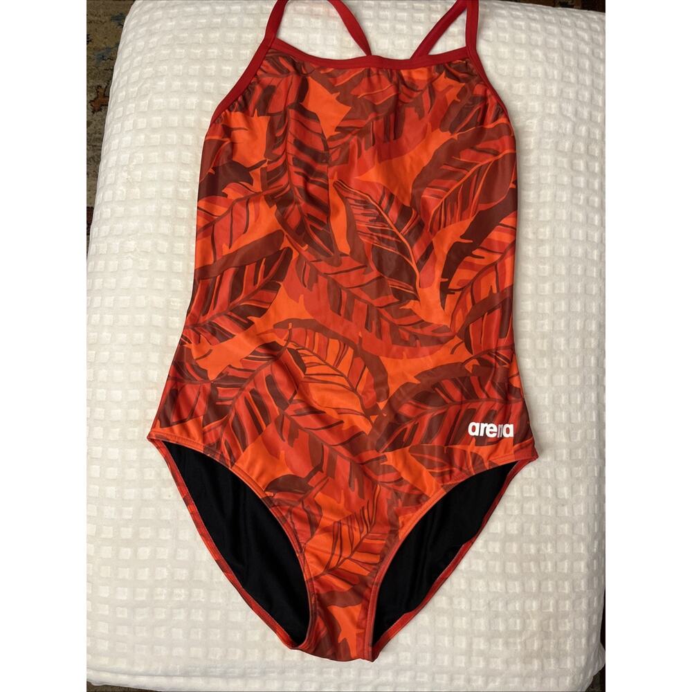 Arena One Piece Racer Back Lap Swimsuit Athletic 42 US XL Red Tropical Print - Picture 2 of 13